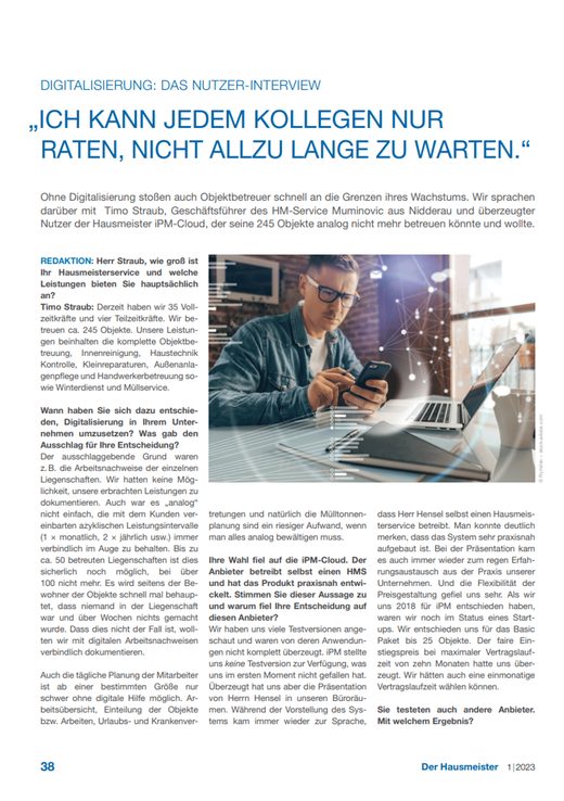 „Der Hausmeister“ 1/2023, Seite 38: Nutzer-Interview mit Timo Straub zur iPM-Cloud